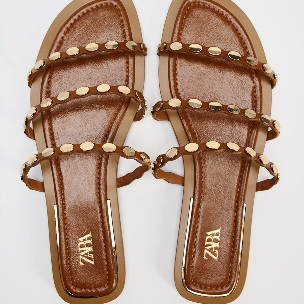 Zara Brown Gold Sandals Elegant Slide Style